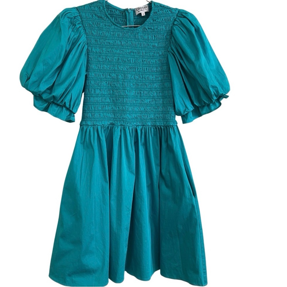 Crosby by Mollie Burch Teal Smocked Puff Sleeve Pockets Dress Women’s Small